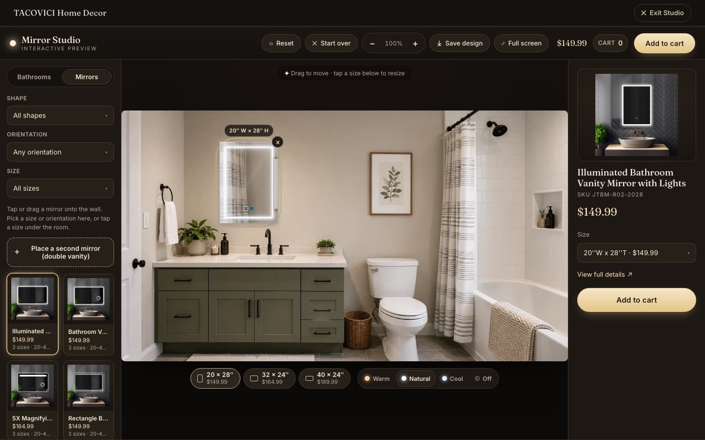 TACOVICI Mirror Studio: a lit rectangular mirror placed over a green vanity in a bathroom photo, with 20 by 28, 32 by 24 and 40 by 24 inch sizes, warm, natural and cool light, and the product with its price and Add to cart beside it