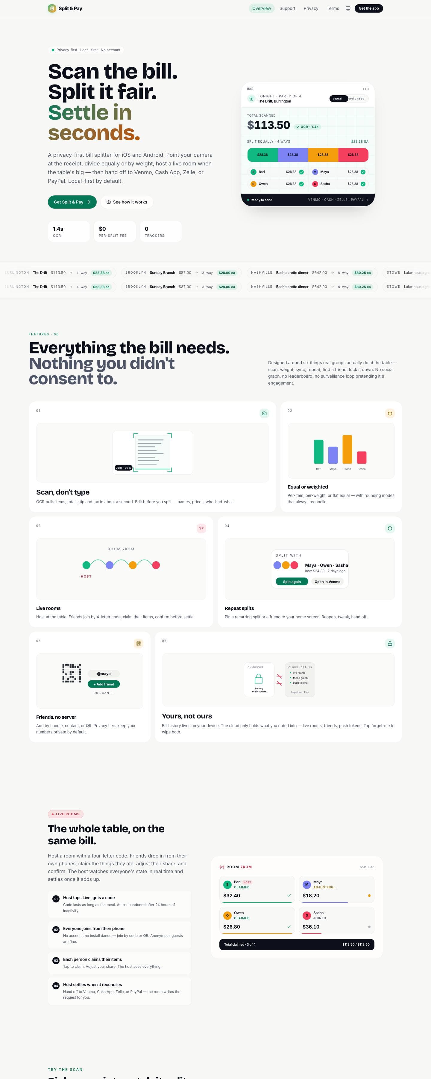 Split & Pay web page, scrolling from the headline Scan the bill, split it fair, through its features to live rooms