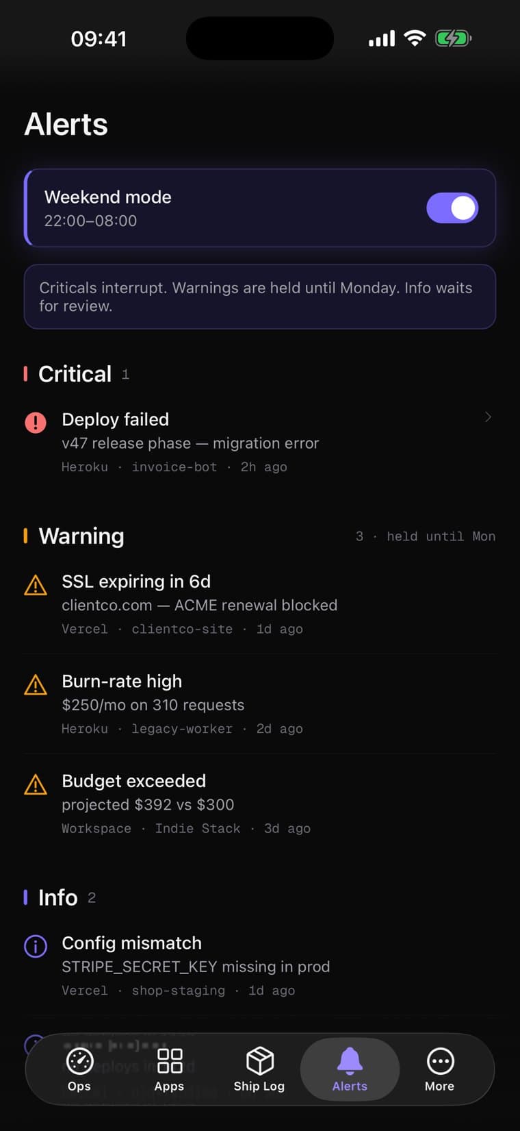 StackPilot Alerts: weekend mode on, with critical, warning and info groups