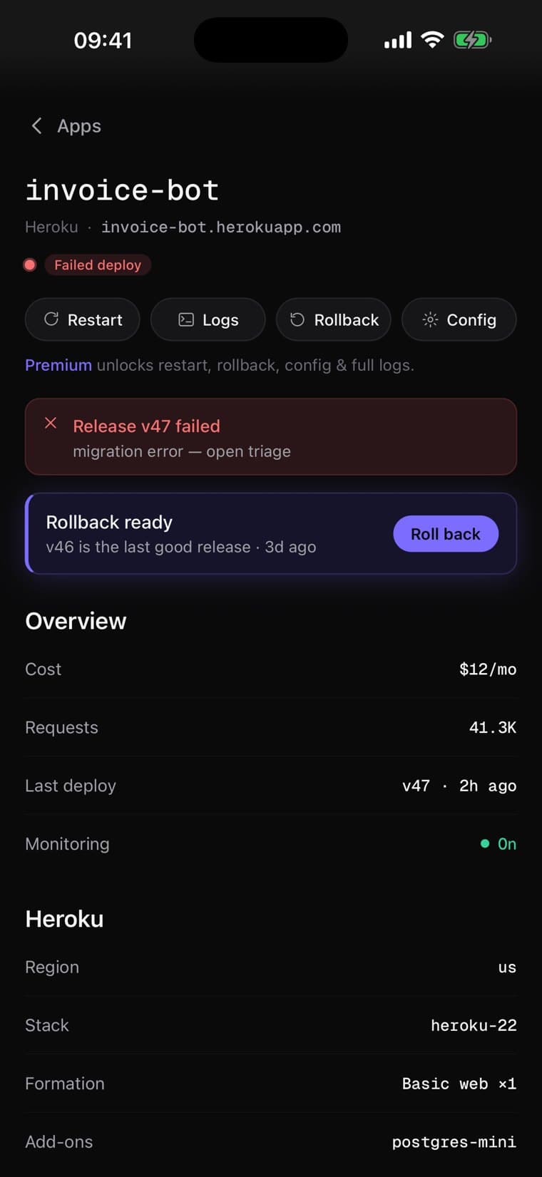 StackPilot app detail: release v47 failed, with a Rollback ready card naming v46 as the last good release