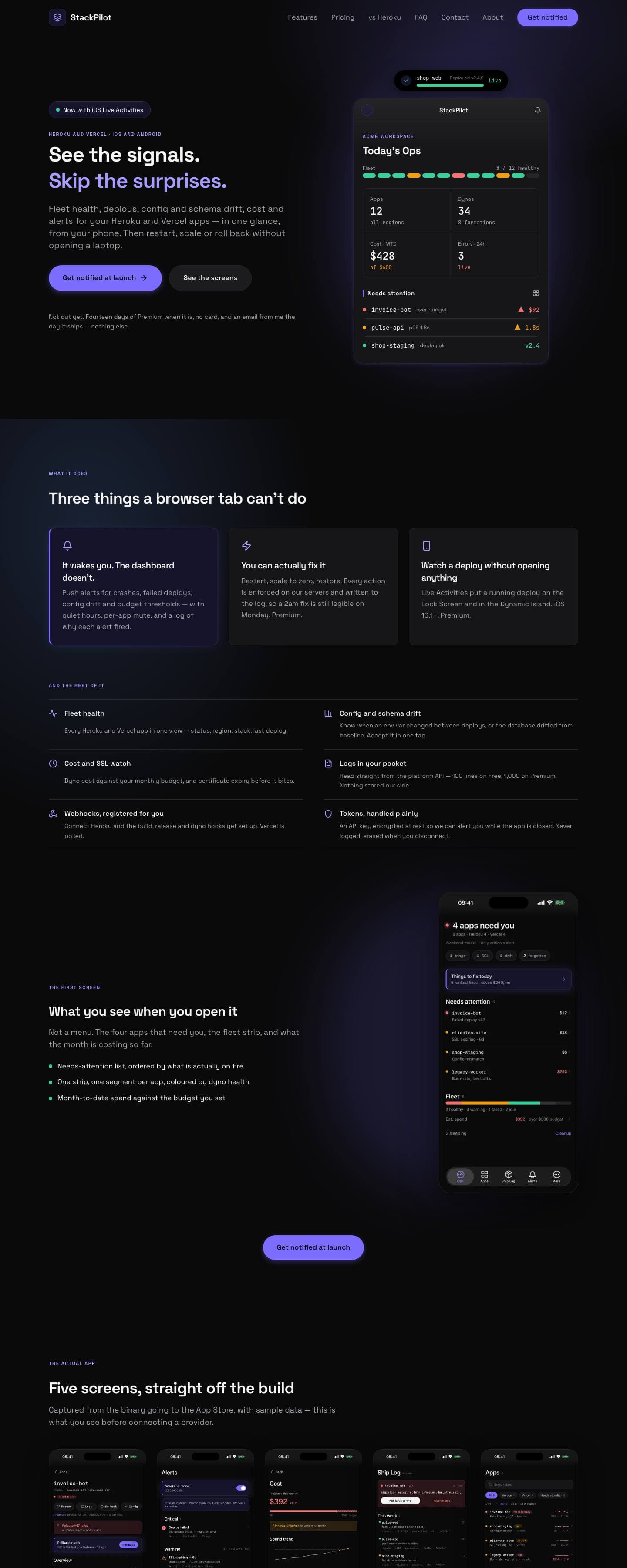 StackPilot web page, scrolling from the headline See the signals, skip the surprises, through its features to the app screens